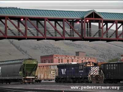 A pedestrian bridge across a railyard in Missoula, Montana.